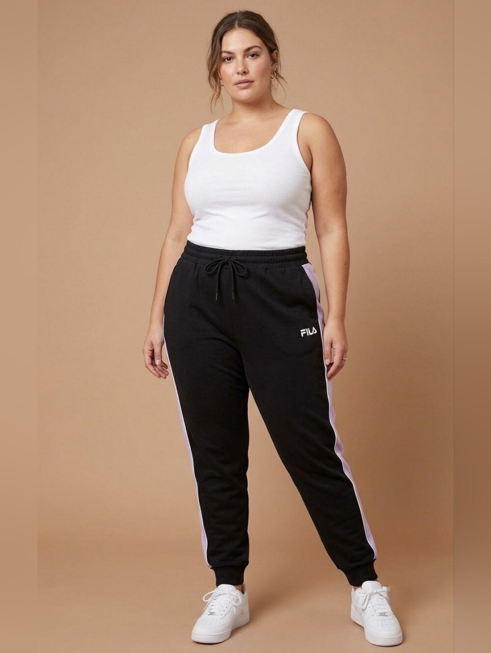 FILA Vigor Joggers Women Black Contrast Stripe Drawstring Tapered Leg